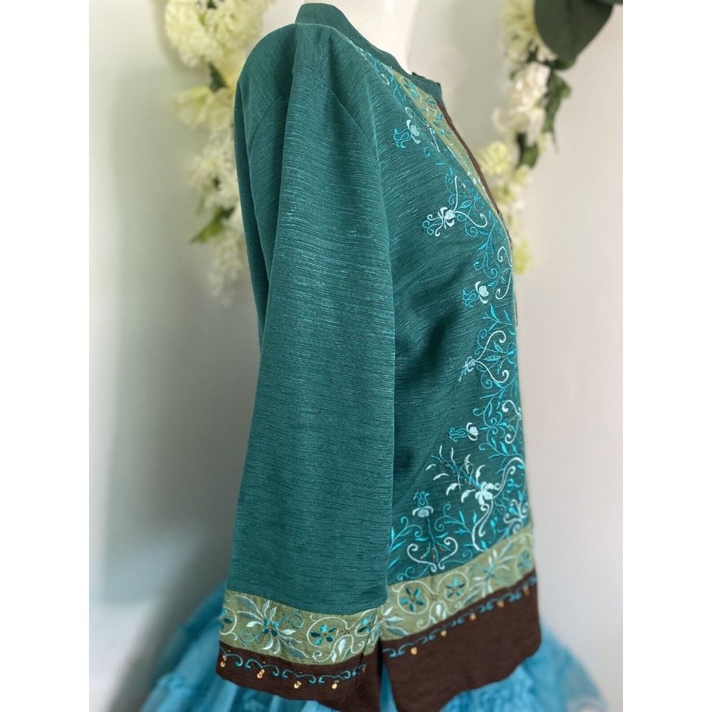 Erin London Womens L Silk Button Down Embroidered‎ Jacket Blazer Green Vintage - Picture 7 of 16